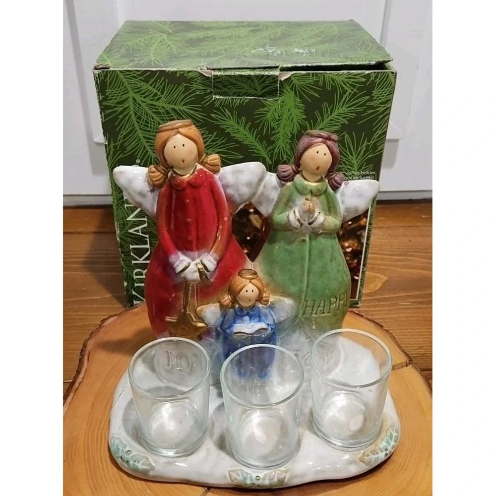 Vintage Kirklands Ceramic Angel Triple Votive Candle Holder Figure Christmas Joy